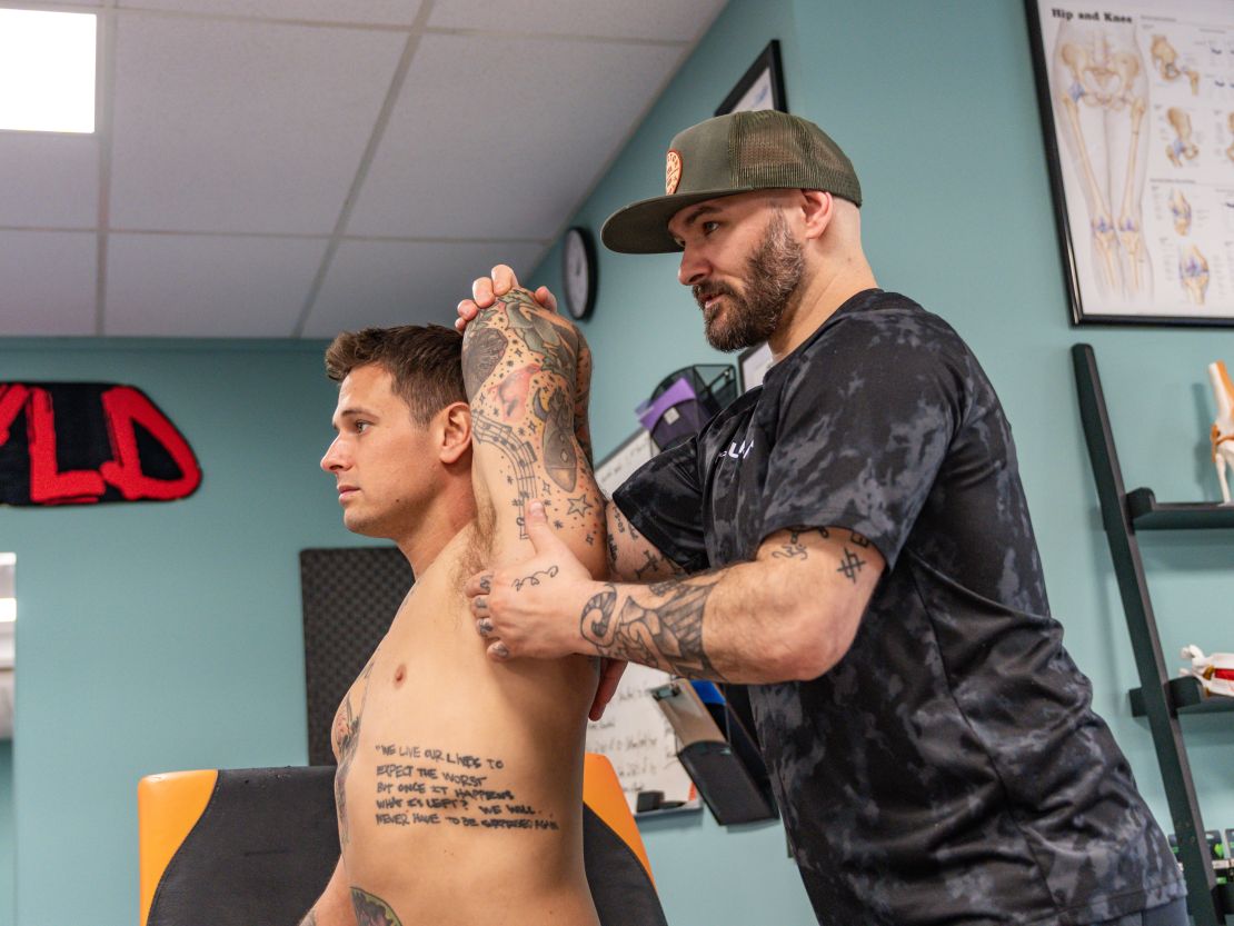 A patient getting stretch therapy utilizing MEt or muscle energy techniques to get lasting results through body work and manual therapy